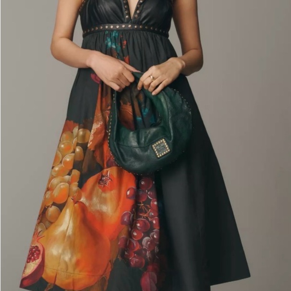 Anthropologie Black Midi Dress with Orange, Red /Green Fruit Print with pockets.